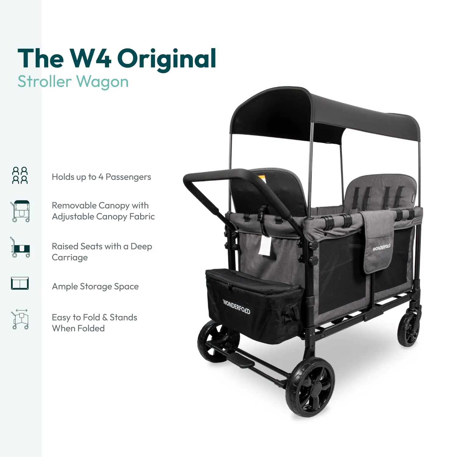 WONDERFOLD W4 Original Stroller Wagon (4 Seater) - Collapsible Wagon Stroller with Seats with 5-Point Harnesses, Easy Access Zipper Door, and Removable Sun Canopy, Gray