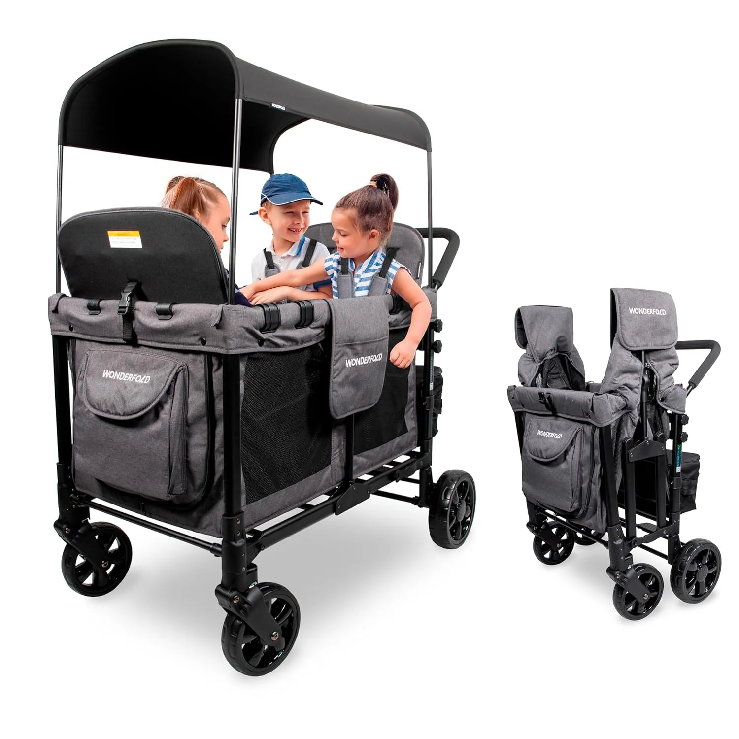 WONDERFOLD W4 Original Stroller Wagon (4 Seater) - Collapsible Wagon Stroller with Seats with 5-Point Harnesses, Easy Access Zipper Door, and Removable Sun Canopy, Gray