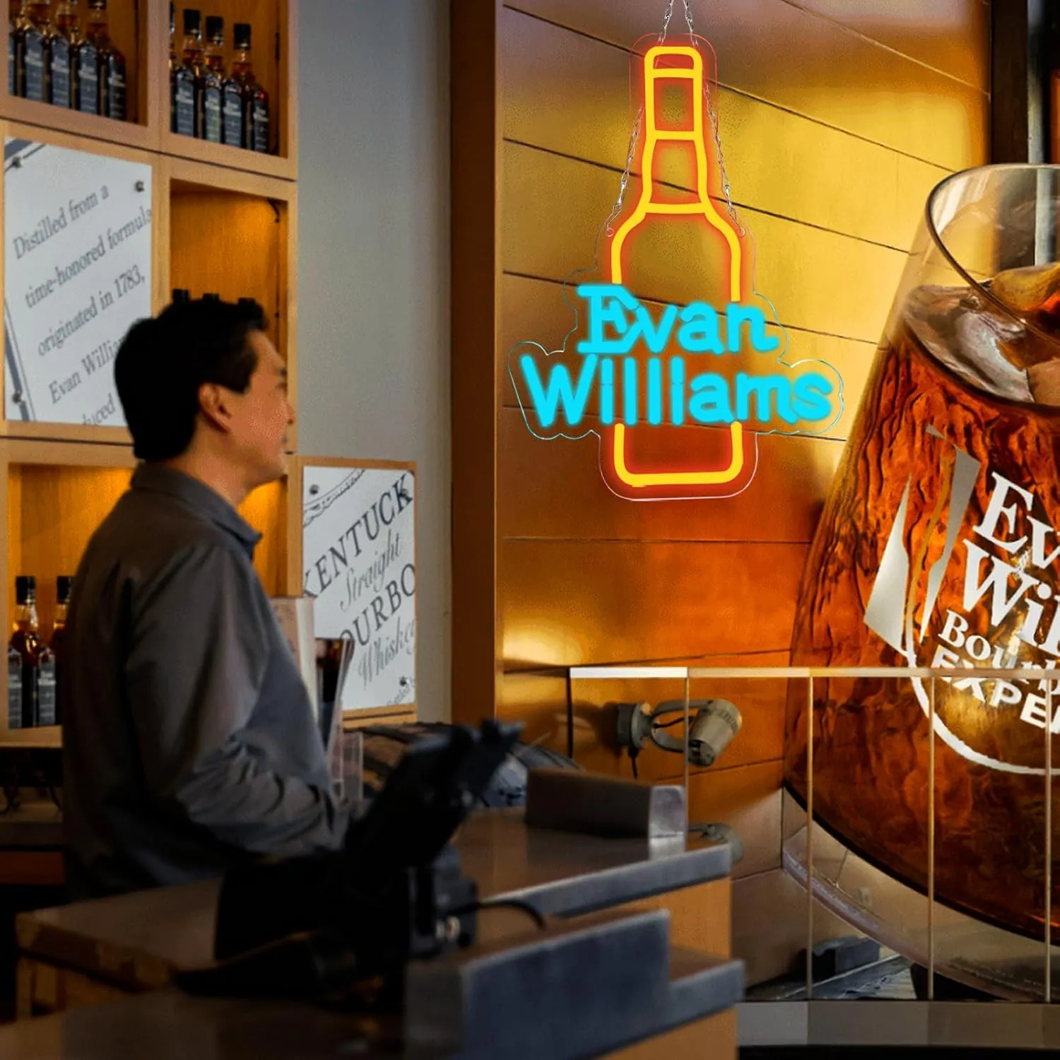 WonderfulLife Bourbon Whiskey Neon Sign for Evan Williams in Bar Pub man Cave or Party,Bright Led Light Suitable for Garage Decor or Business Display,5V USB Powered Easy Hanging.