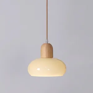 Wood Dome Pendant Light Cream Glass Pendant Lighting Kitchen Island Hanging Ceiling Lamp Modern Wooden Suspended Lights for Dining Room Bedroom Bedside Living Room