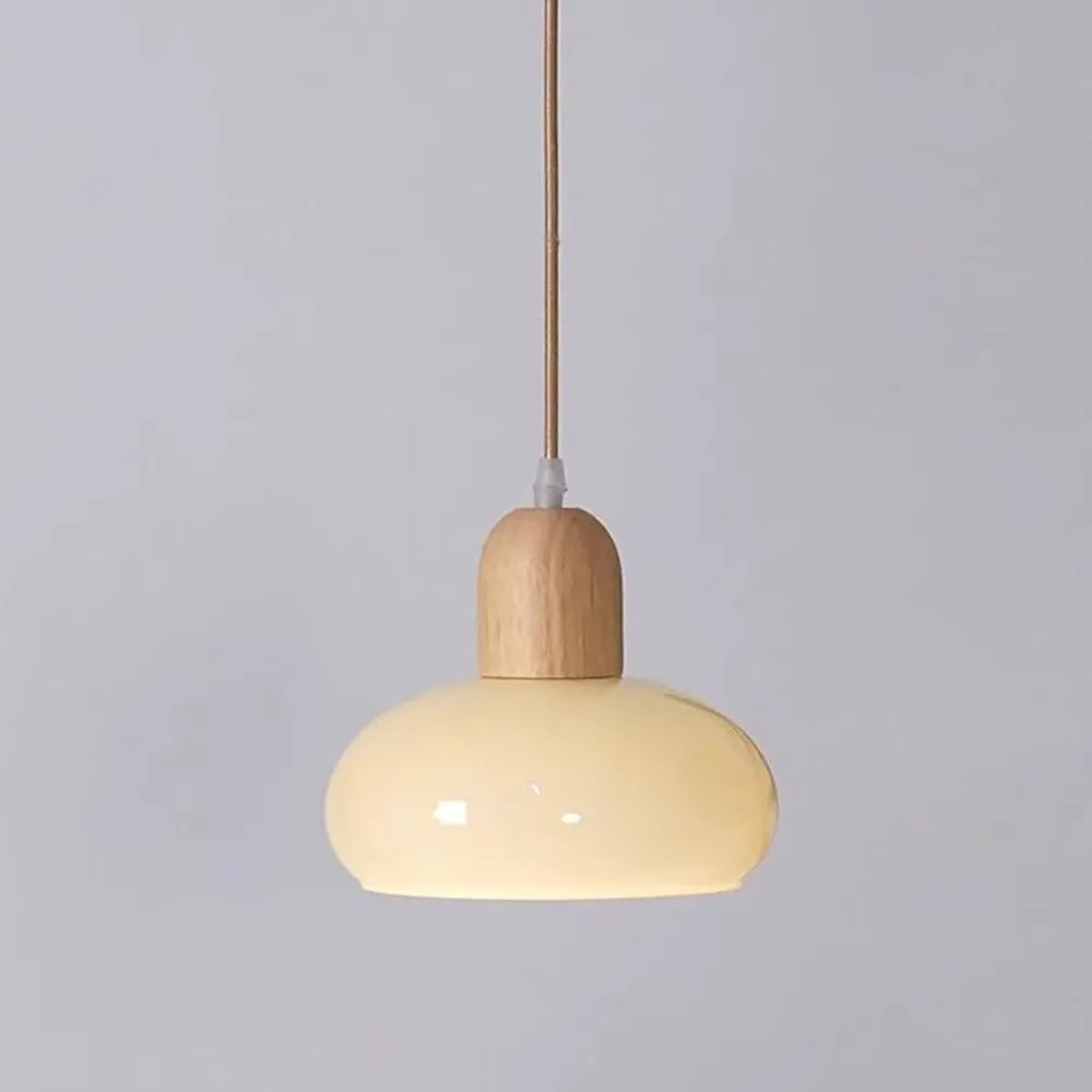 Wood Dome Pendant Light Cream Glass Pendant Lighting Kitchen Island Hanging Ceiling Lamp Modern Wooden Suspended Lights for Dining Room Bedroom Bedside Living Room