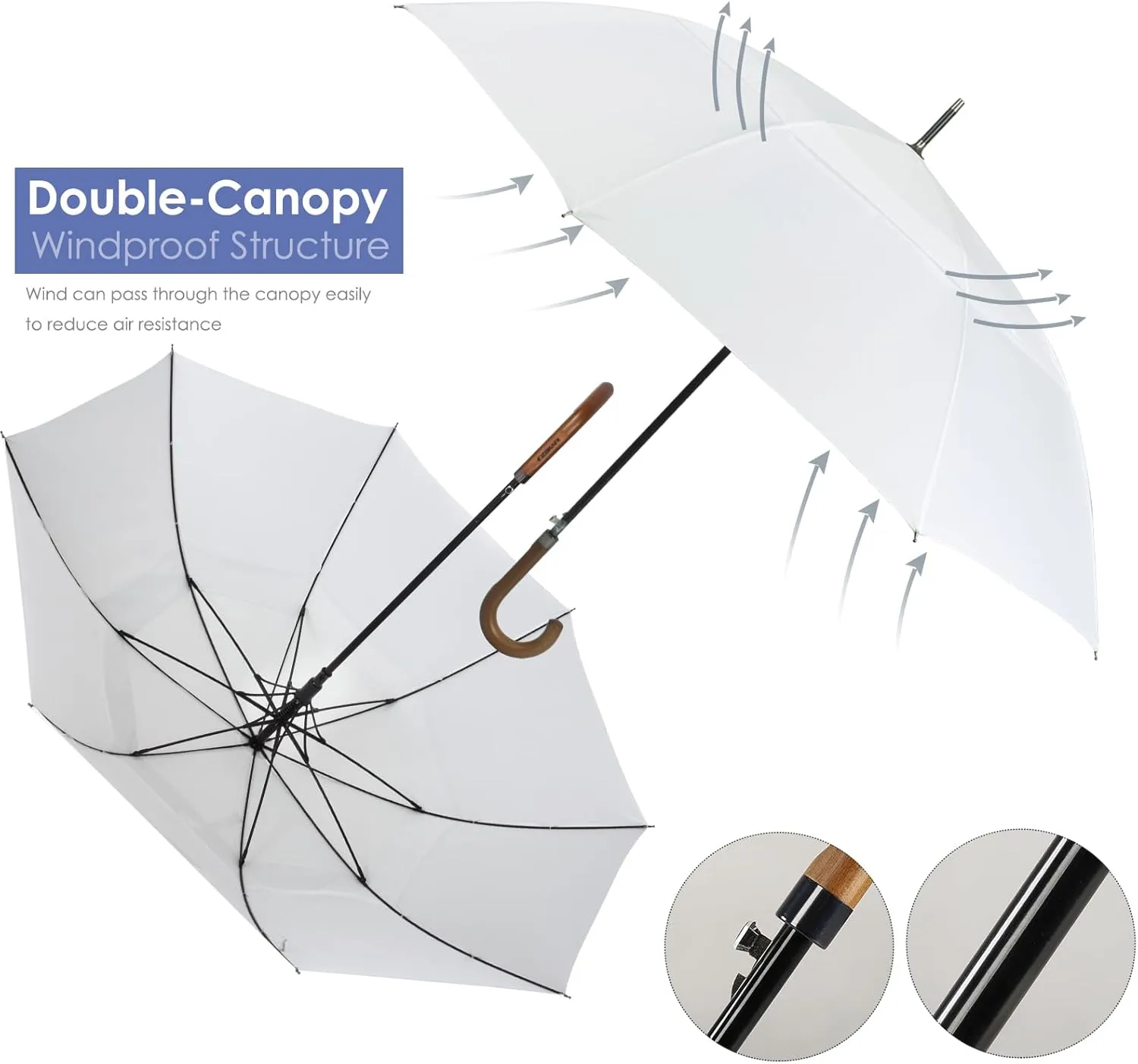 Wooden J-Handle Umbrella, 54/62 / 68 inch, UV & Classic Versions, Large Windproof Stick Umbrella, Auto Open for Men and Women Golf umbrella (white, 62”Black-pack-of-2)