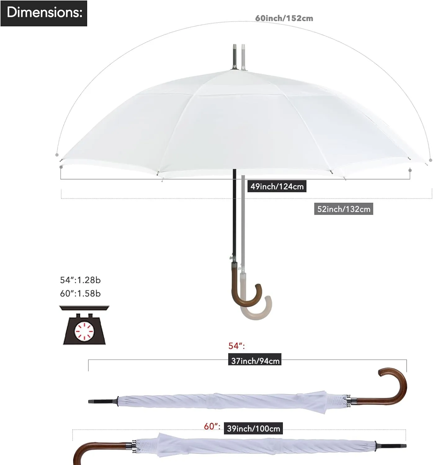Wooden J-Handle Umbrella, 54/62 / 68 inch, UV & Classic Versions, Large Windproof Stick Umbrella, Auto Open for Men and Women Golf umbrella (white, 62”Black-pack-of-2)