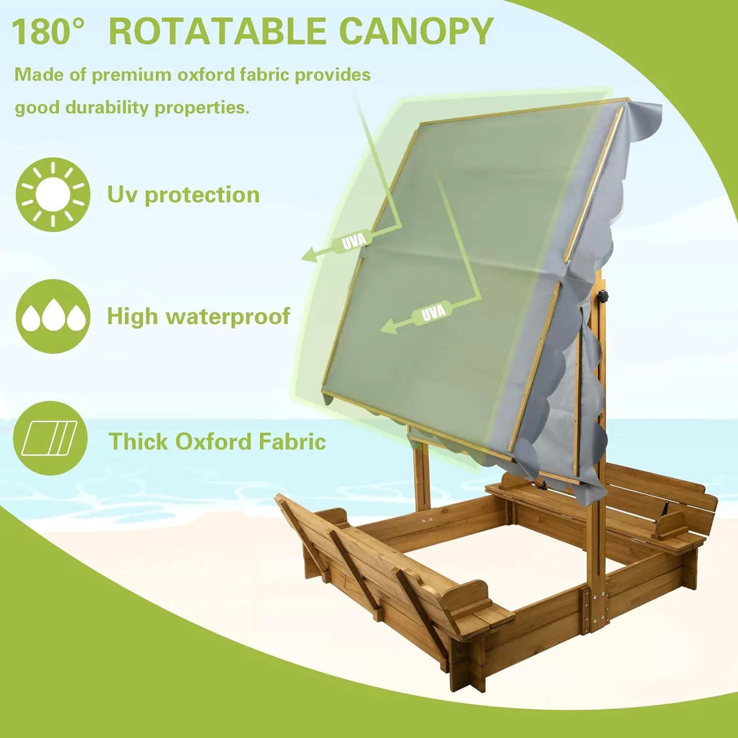 Wooden Sandbox with Lid, Kids Sandbox with Cover Outdoor, with 2 Foldable Bench Seats for Backyard (47x47in), UV-Resistant & Adjustable Height Roof, Gift for Ages 2-8
