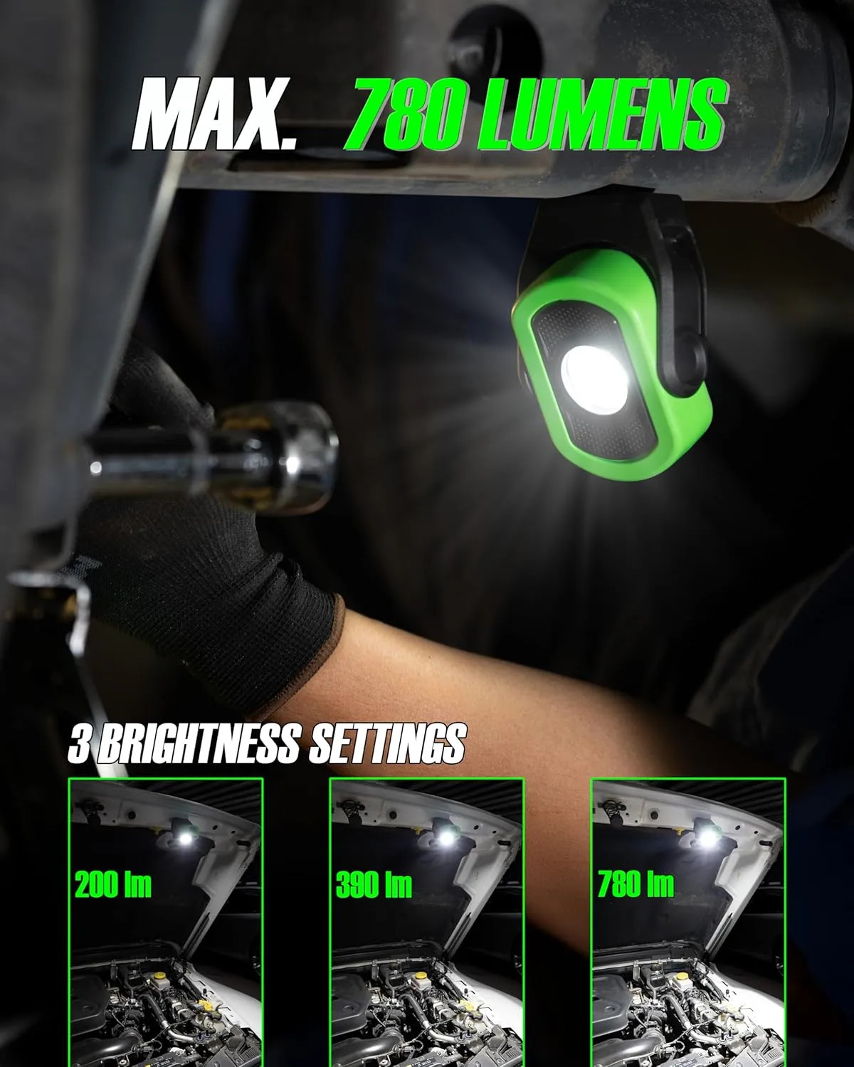 Work Light, Magnetic Light with 3 Modes & 360° Pivoting Head, 780 Lumen Rechargeable Pocket Light for Mechanics, Jobsites and Emergency (Green)