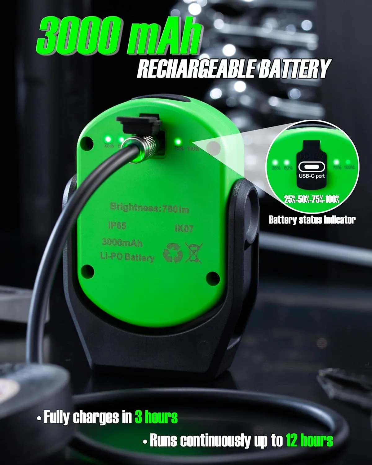 Work Light, Magnetic Light with 3 Modes & 360° Pivoting Head, 780 Lumen Rechargeable Pocket Light for Mechanics, Jobsites and Emergency (Green)