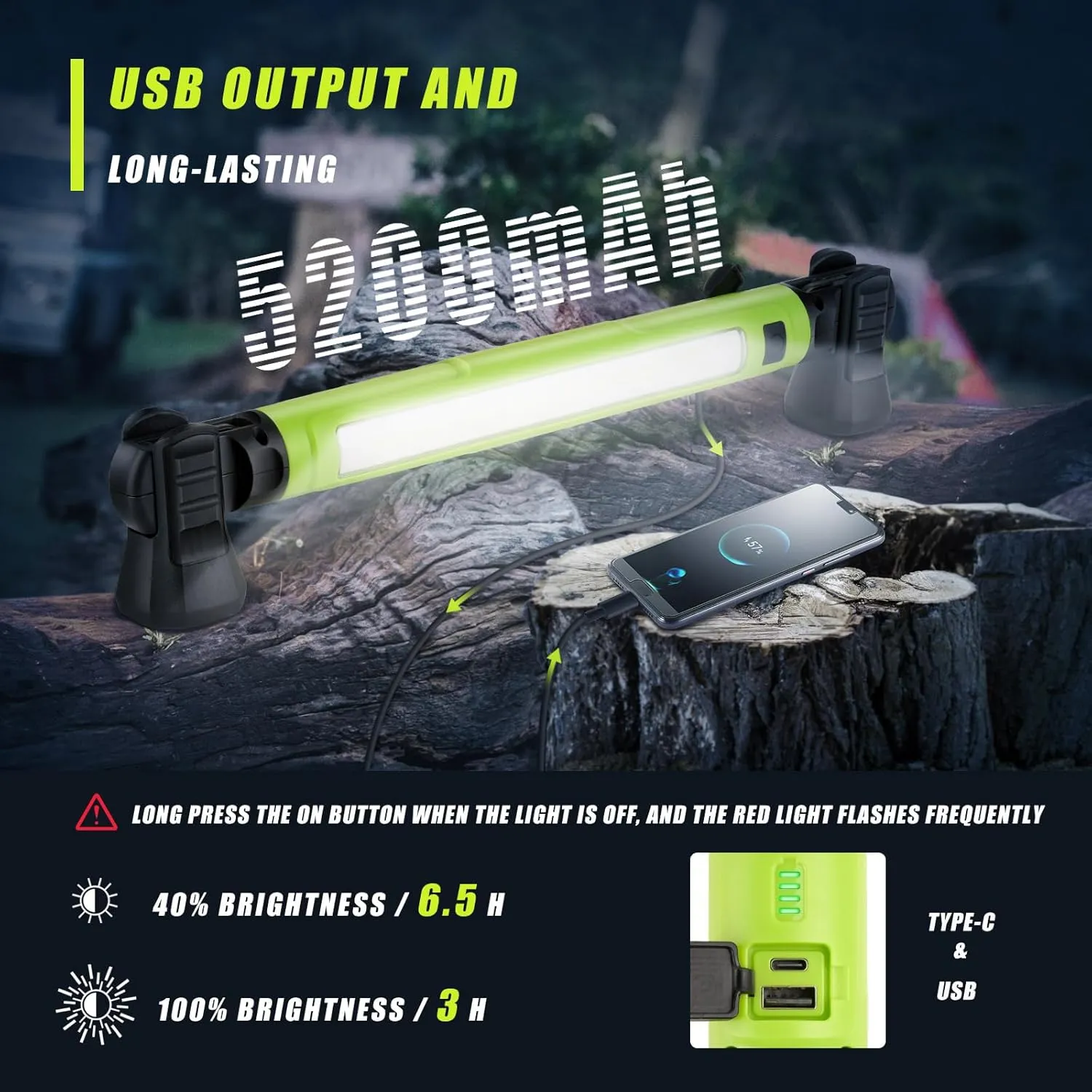 Work Light,3000LM LED Lights,Rechargeable Under Hood Light with Hooks and Rotating Magnetic Base,Cordless Battery Powered Mechanic for Car Repairing/Garage/Workshop/Emergency,Green (ZL-2308)