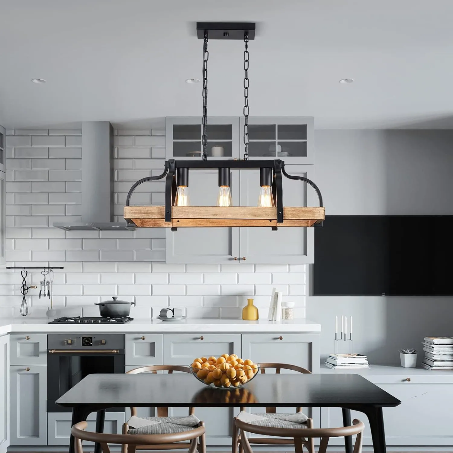 WUZUPS 3-Light Metal Pot Hanging Rack Chandelier Imitation Light Wood Grain Linear Pendant Ceiling Lighting Rustic Farmhouse Fixture Kitchen Island Dining Room, H 9.8" L 24.8" W11.8, E26 Base, Black