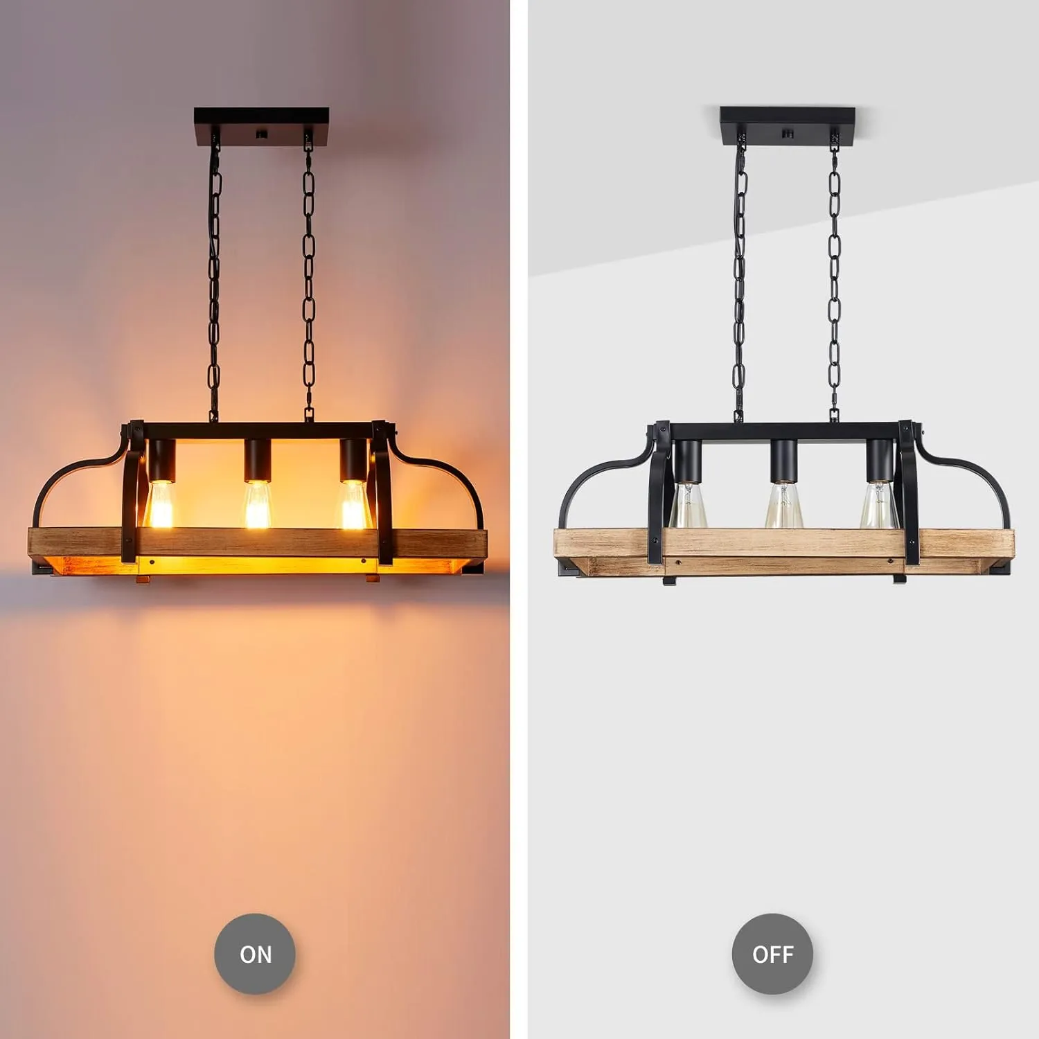 WUZUPS 3-Light Metal Pot Hanging Rack Chandelier Imitation Light Wood Grain Linear Pendant Ceiling Lighting Rustic Farmhouse Fixture Kitchen Island Dining Room, H 9.8" L 24.8" W11.8, E26 Base, Black