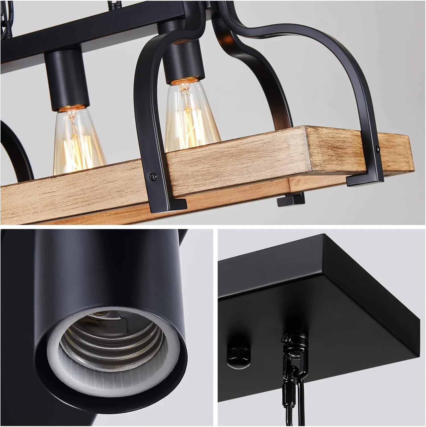 WUZUPS 3-Light Metal Pot Hanging Rack Chandelier Imitation Light Wood Grain Linear Pendant Ceiling Lighting Rustic Farmhouse Fixture Kitchen Island Dining Room, H 9.8" L 24.8" W11.8, E26 Base, Black