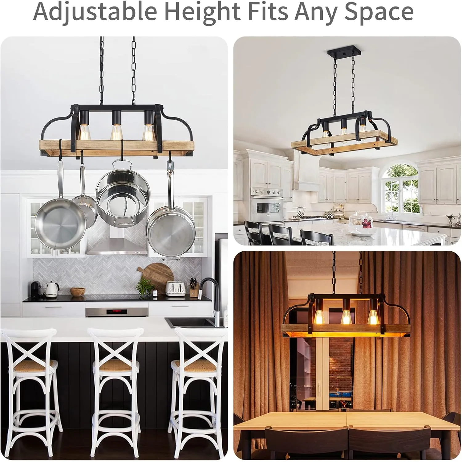 WUZUPS 3-Light Metal Pot Hanging Rack Chandelier Imitation Light Wood Grain Linear Pendant Ceiling Lighting Rustic Farmhouse Fixture Kitchen Island Dining Room, H 9.8" L 24.8" W11.8, E26 Base, Black