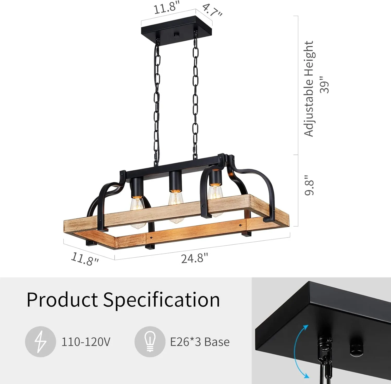 WUZUPS 3-Light Metal Pot Hanging Rack Chandelier Imitation Light Wood Grain Linear Pendant Ceiling Lighting Rustic Farmhouse Fixture Kitchen Island Dining Room, H 9.8" L 24.8" W11.8, E26 Base, Black