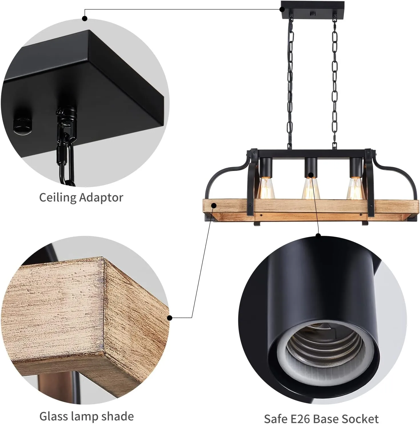 WUZUPS 3-Light Metal Pot Hanging Rack Chandelier Imitation Light Wood Grain Linear Pendant Ceiling Lighting Rustic Farmhouse Fixture Kitchen Island Dining Room, H 9.8" L 24.8" W11.8, E26 Base, Black