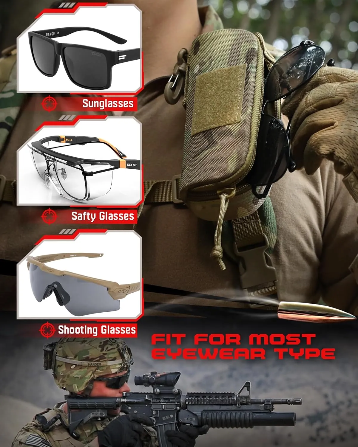 WYNEX Tactical Molle Glasses Pouch, Shockproof Eyeglasses Case Hard Shell, Sunglasses Case with Clip and Zipper, Protective Box with Flag Patch, for Most Glasses, Sunglasses, Goggles