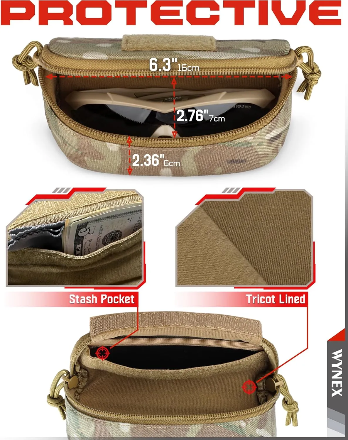 WYNEX Tactical Molle Glasses Pouch, Shockproof Eyeglasses Case Hard Shell, Sunglasses Case with Clip and Zipper, Protective Box with Flag Patch, for Most Glasses, Sunglasses, Goggles
