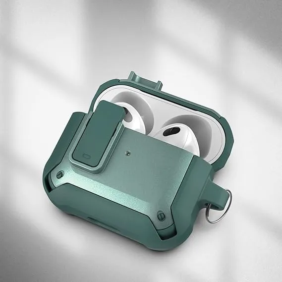 X-Armor Compatible with Airpods 3 Case (3rd Generation) Protective Carabiner Keychain with Lid Lock (Metallic Green)