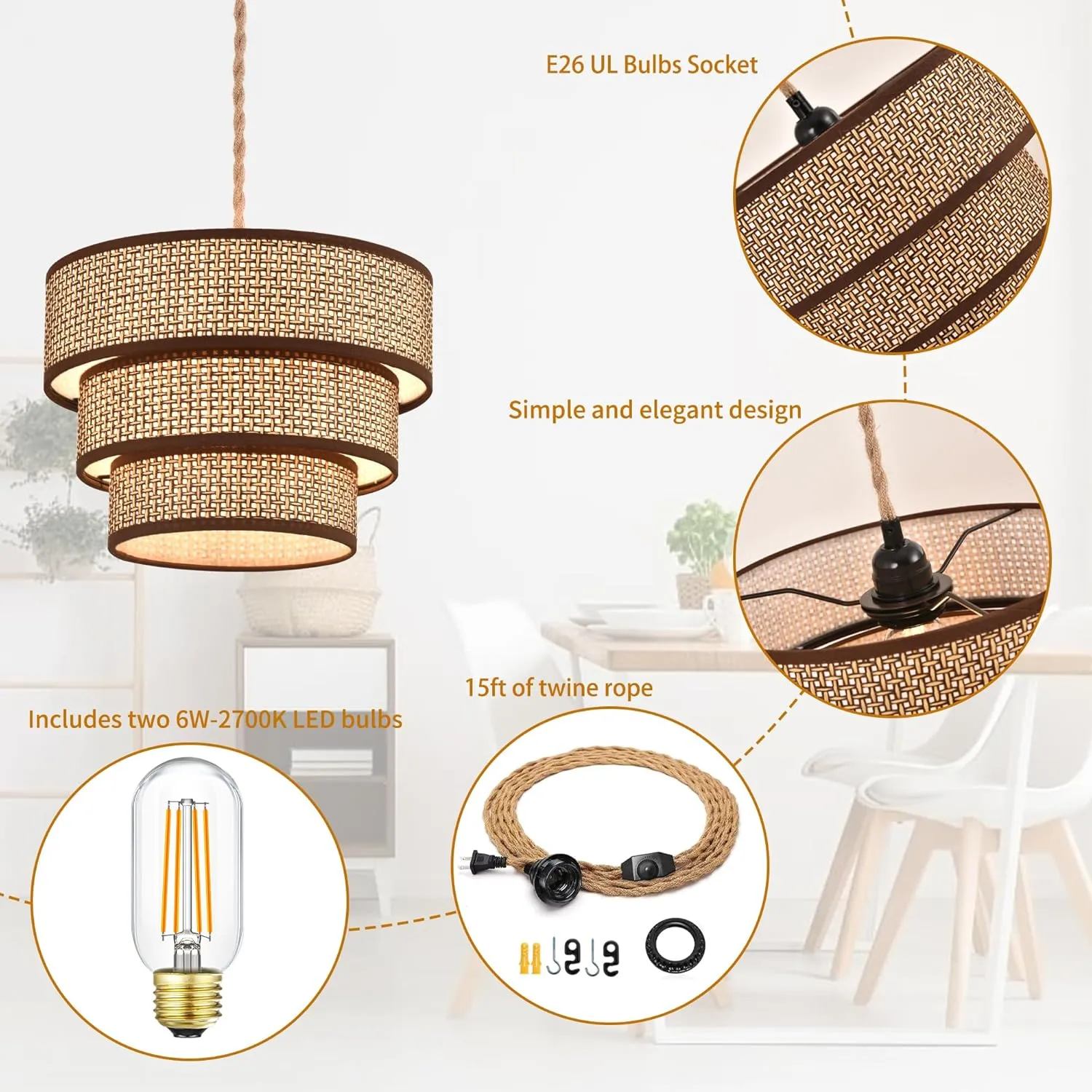 XININSUN Rattan Plug in Pendant Light Boho Wicker Lampshade Hanging Lights with Plug in Cord Plug in Chandelier for Bedroom Kitchen Dining Room Island