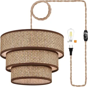 XININSUN Rattan Plug in Pendant Light Boho Wicker Lampshade Hanging Lights with Plug in Cord Plug in Chandelier for Bedroom Kitchen Dining Room Island