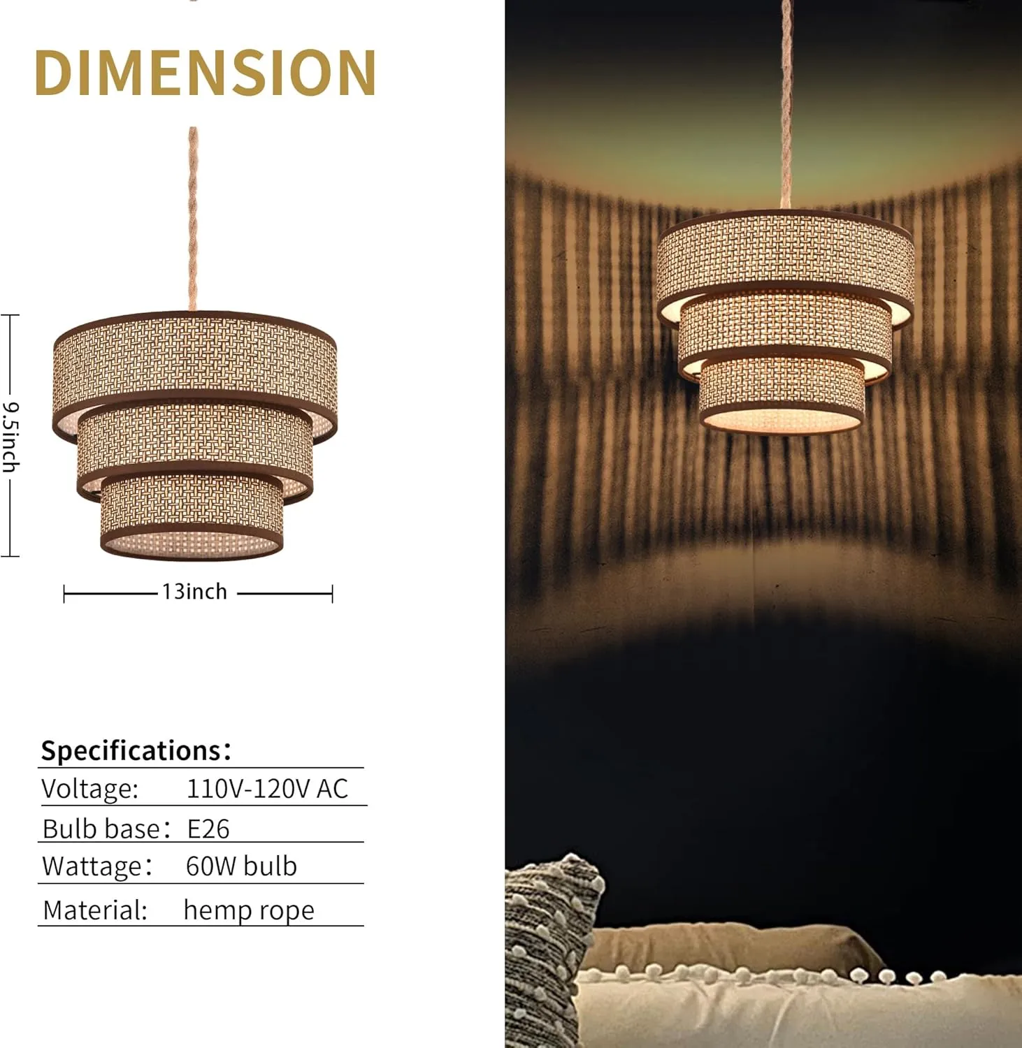 XININSUN Rattan Plug in Pendant Light Boho Wicker Lampshade Hanging Lights with Plug in Cord Plug in Chandelier for Bedroom Kitchen Dining Room Island