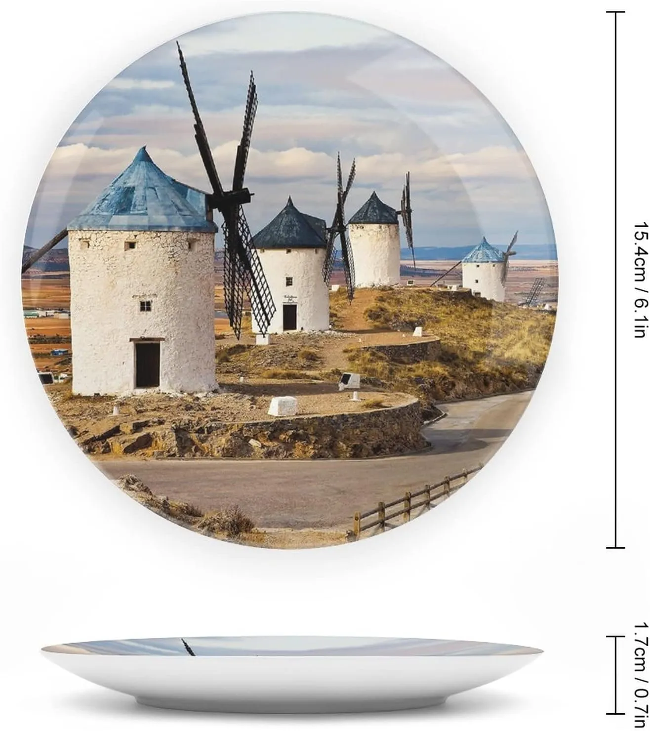 XISUNYA 6 Inch Decorative Plate, Windmill Round Porcelain, Medieval Spain Windmills in Consuegra Print Ceramic Wall Hanging for Home & Office Wall Hanging Decor, Blue White Light Brown