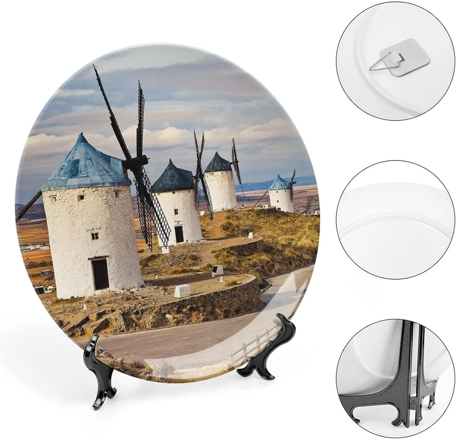 XISUNYA 6 Inch Decorative Plate, Windmill Round Porcelain, Medieval Spain Windmills in Consuegra Print Ceramic Wall Hanging for Home & Office Wall Hanging Decor, Blue White Light Brown