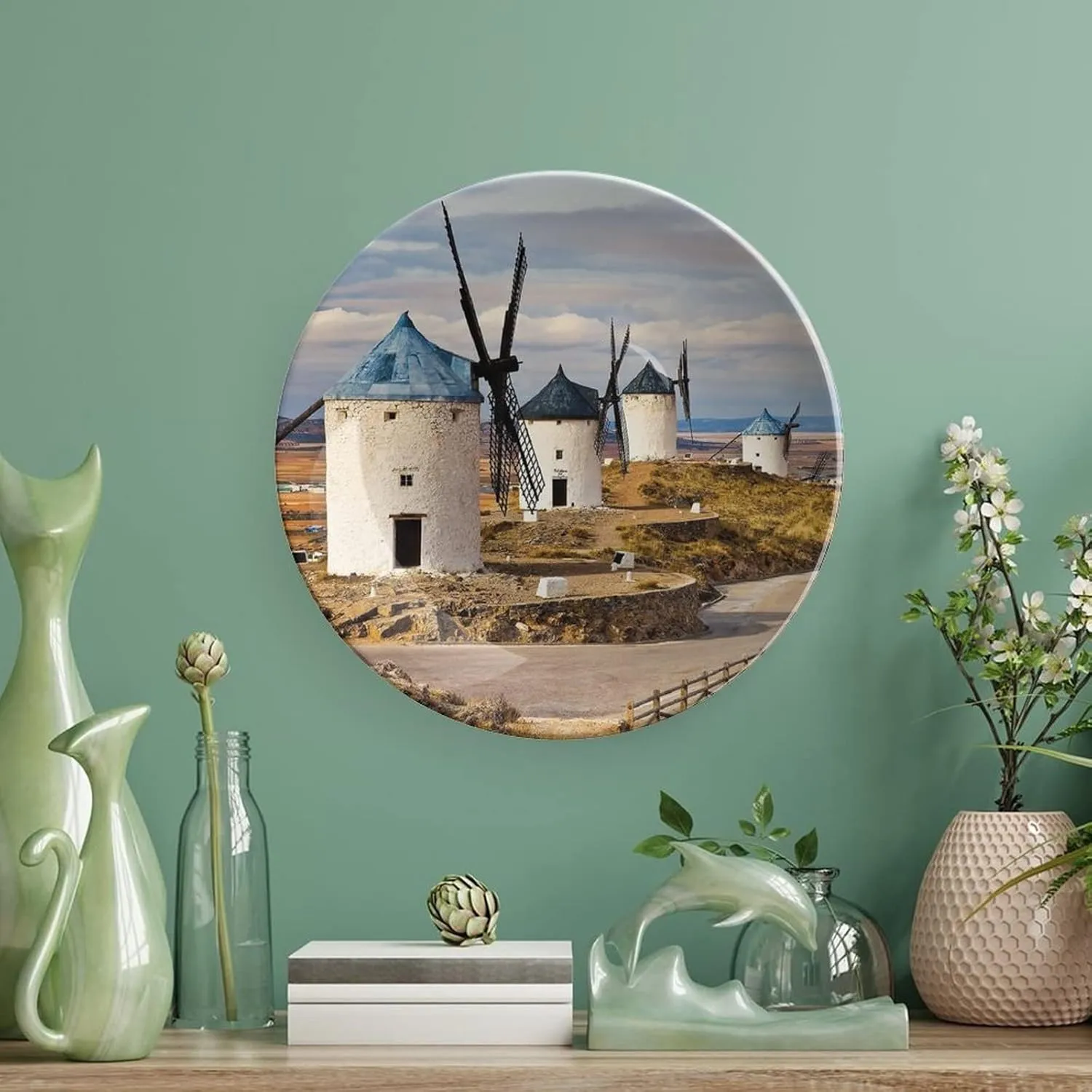 XISUNYA 6 Inch Decorative Plate, Windmill Round Porcelain, Medieval Spain Windmills in Consuegra Print Ceramic Wall Hanging for Home & Office Wall Hanging Decor, Blue White Light Brown