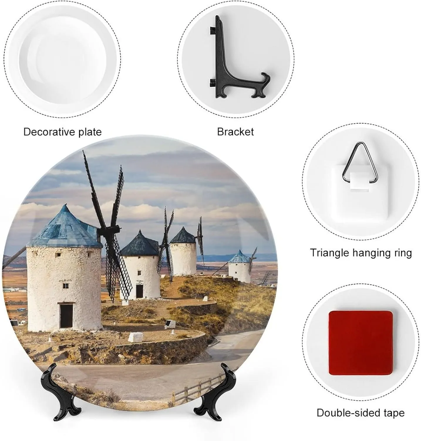 XISUNYA 6 Inch Decorative Plate, Windmill Round Porcelain, Medieval Spain Windmills in Consuegra Print Ceramic Wall Hanging for Home & Office Wall Hanging Decor, Blue White Light Brown