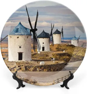 XISUNYA 6 Inch Decorative Plate, Windmill Round Porcelain, Medieval Spain Windmills in Consuegra Print Ceramic Wall Hanging for Home & Office Wall Hanging Decor, Blue White Light Brown