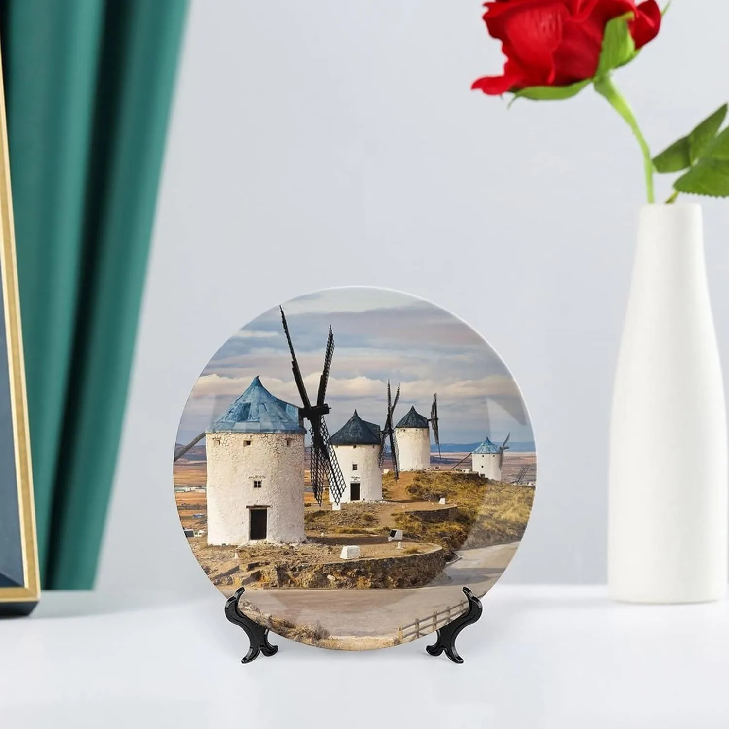 XISUNYA 6 Inch Decorative Plate, Windmill Round Porcelain, Medieval Spain Windmills in Consuegra Print Ceramic Wall Hanging for Home & Office Wall Hanging Decor, Blue White Light Brown