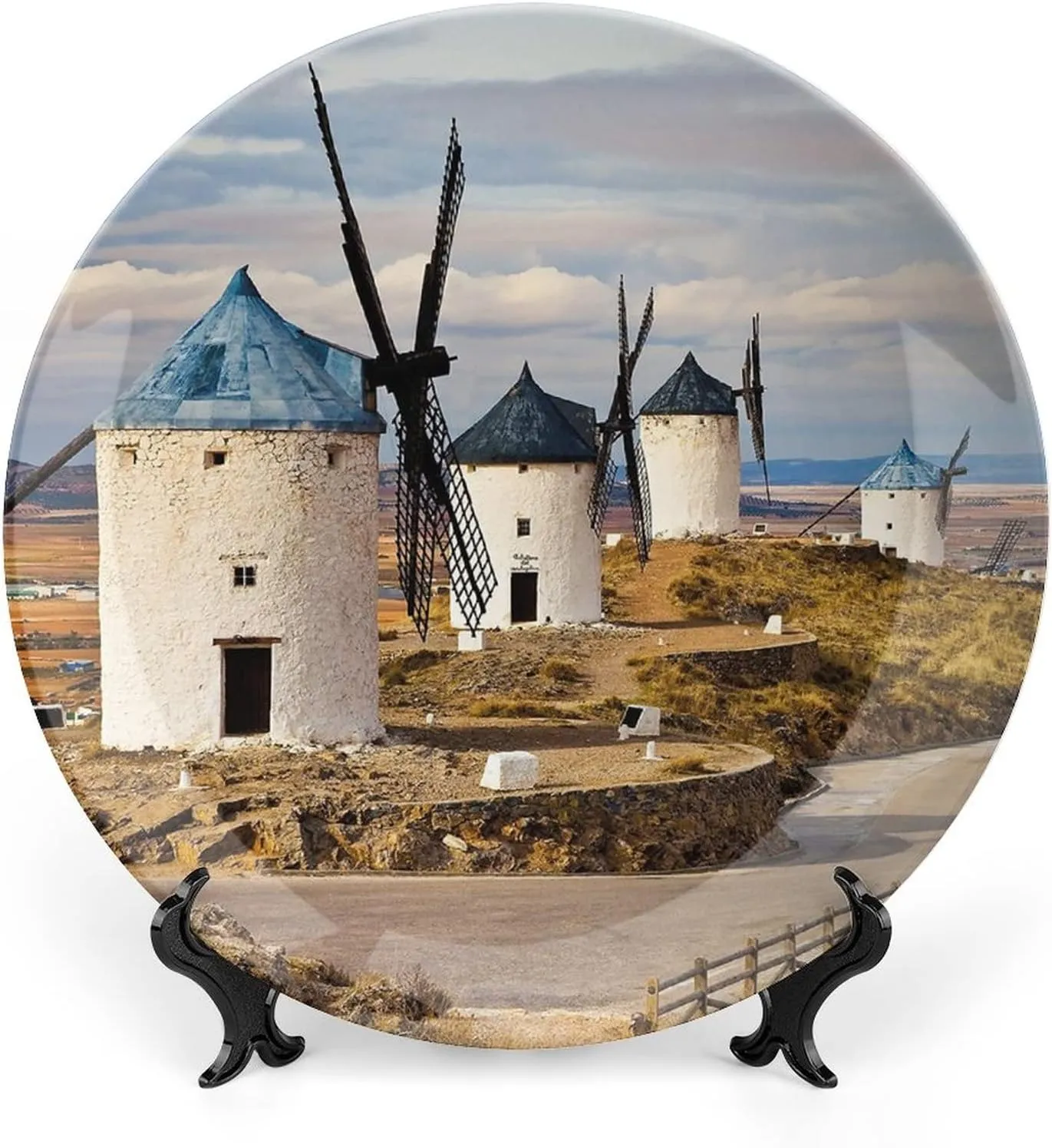 XISUNYA 6 Inch Decorative Plate, Windmill Round Porcelain, Medieval Spain Windmills in Consuegra Print Ceramic Wall Hanging for Home & Office Wall Hanging Decor, Blue White Light Brown