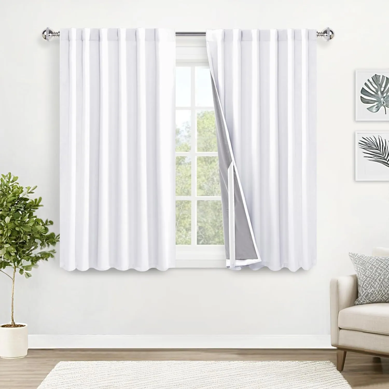 XWZO 100% Blackout Curtains with Tiebacks- Double Layers Completely Shaded Window Panels Thermal Insulated Lined Drapes for Bedroom/Living Room, Rod Pocket/Back Tab, White, W52 x L54, Set of 2 Panels