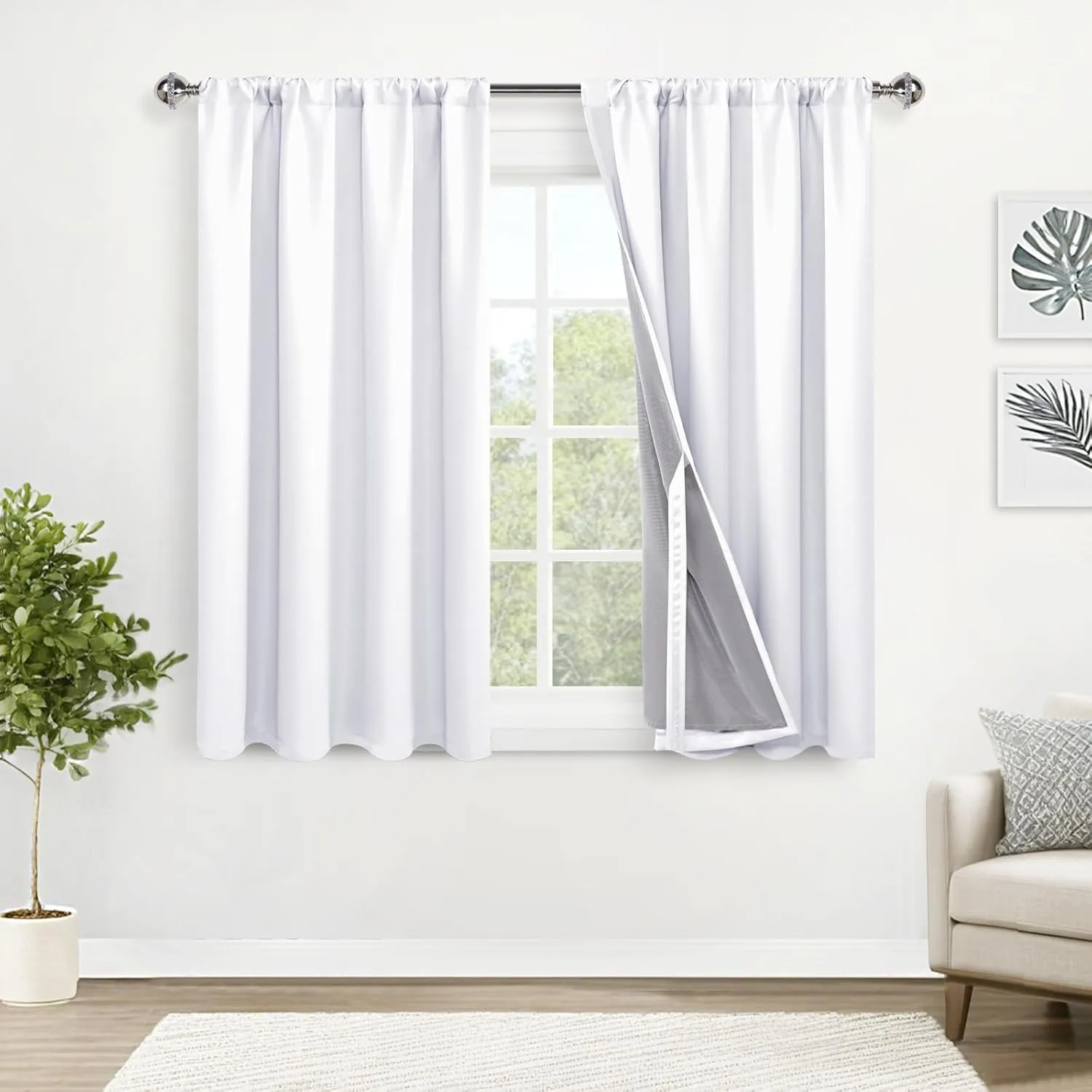 XWZO 100% Blackout Curtains with Tiebacks- Double Layers Completely Shaded Window Panels Thermal Insulated Lined Drapes for Bedroom/Living Room, Rod Pocket/Back Tab, White, W52 x L54, Set of 2 Panels