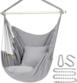Y- Stop Hammock Chair Hanging Rope Swing Chair, Max 500 Lbs, 2 Seat Cushions Included, Removable Steel Spreader Bar with Anti-Slip Rings, Hardware kit-for Indoor or Outdoor(Light Grey)