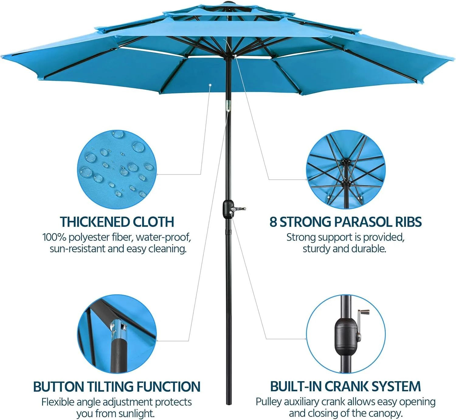 Yaheetech 3-Tier Patio Parasol 10ft Vented Outdoor Canopy Sun Shade Large Market Table Umbrella Double-layer Cloth & Push-button Tilting for Yard/Garden/Park Sky Blue