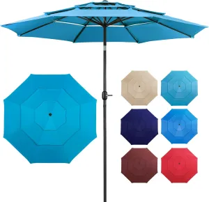 Yaheetech 3-Tier Patio Parasol 10ft Vented Outdoor Canopy Sun Shade Large Market Table Umbrella Double-layer Cloth & Push-button Tilting for Yard/Garden/Park Sky Blue