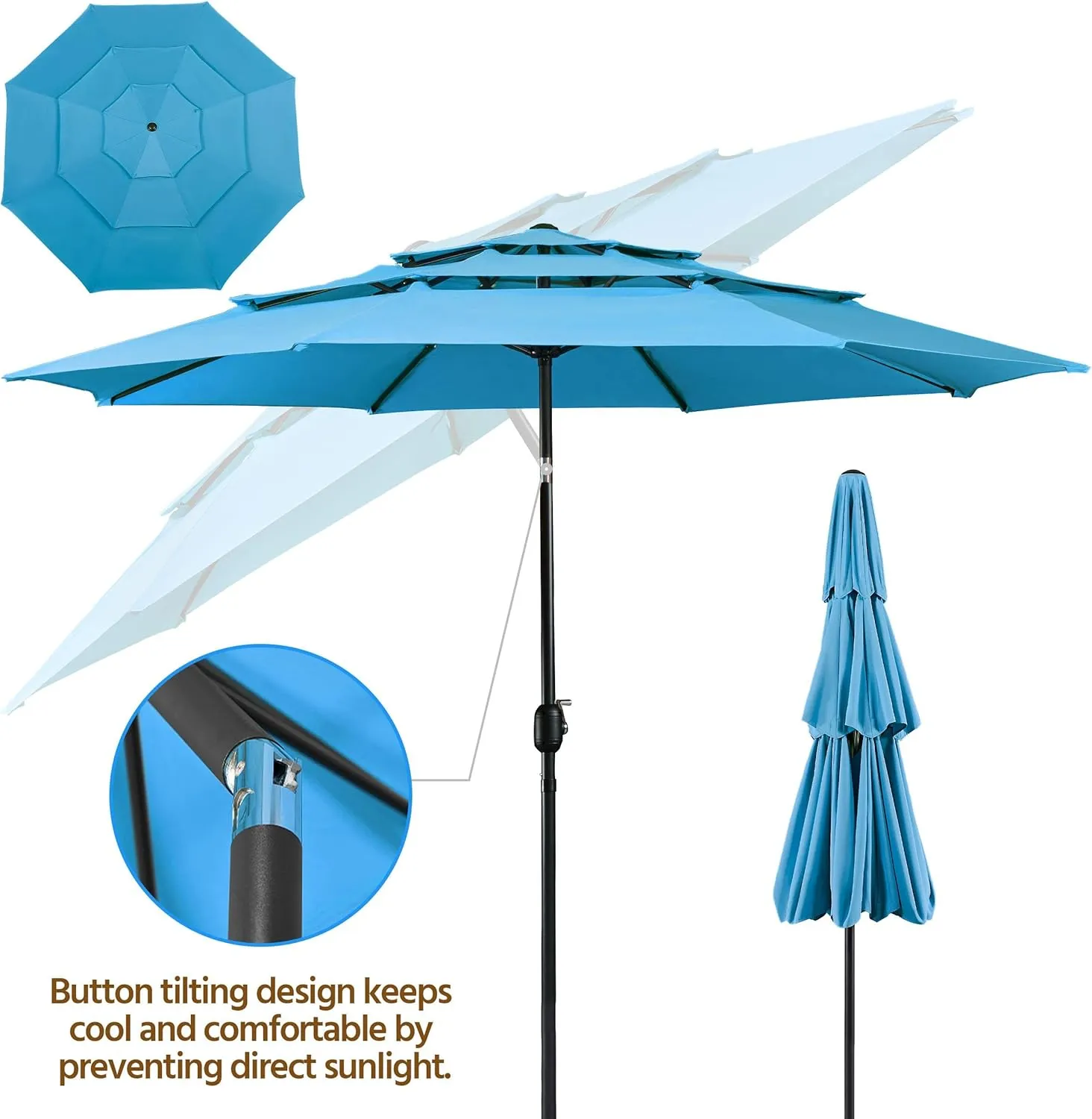 Yaheetech 3-Tier Patio Parasol 10ft Vented Outdoor Canopy Sun Shade Large Market Table Umbrella Double-layer Cloth & Push-button Tilting for Yard/Garden/Park Sky Blue