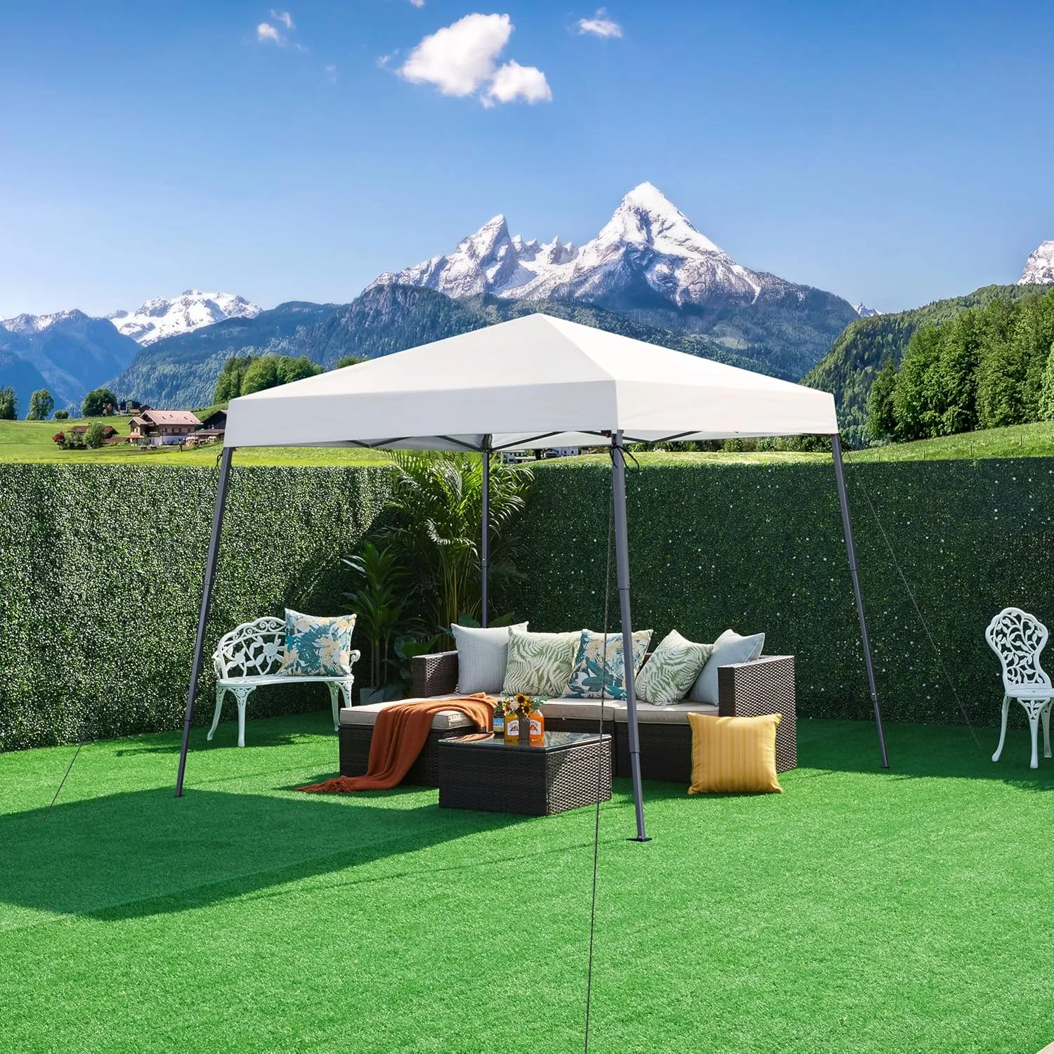 Yaheetech Instant Canopy Tent, 10x10 Slant Leg Easy Outdoor Pop up Canopy, Folding Portable Gazebo Instant Shelter Tent with Backpack for Garden/Camping/Party, 10x10 Base 8x8 Top, White