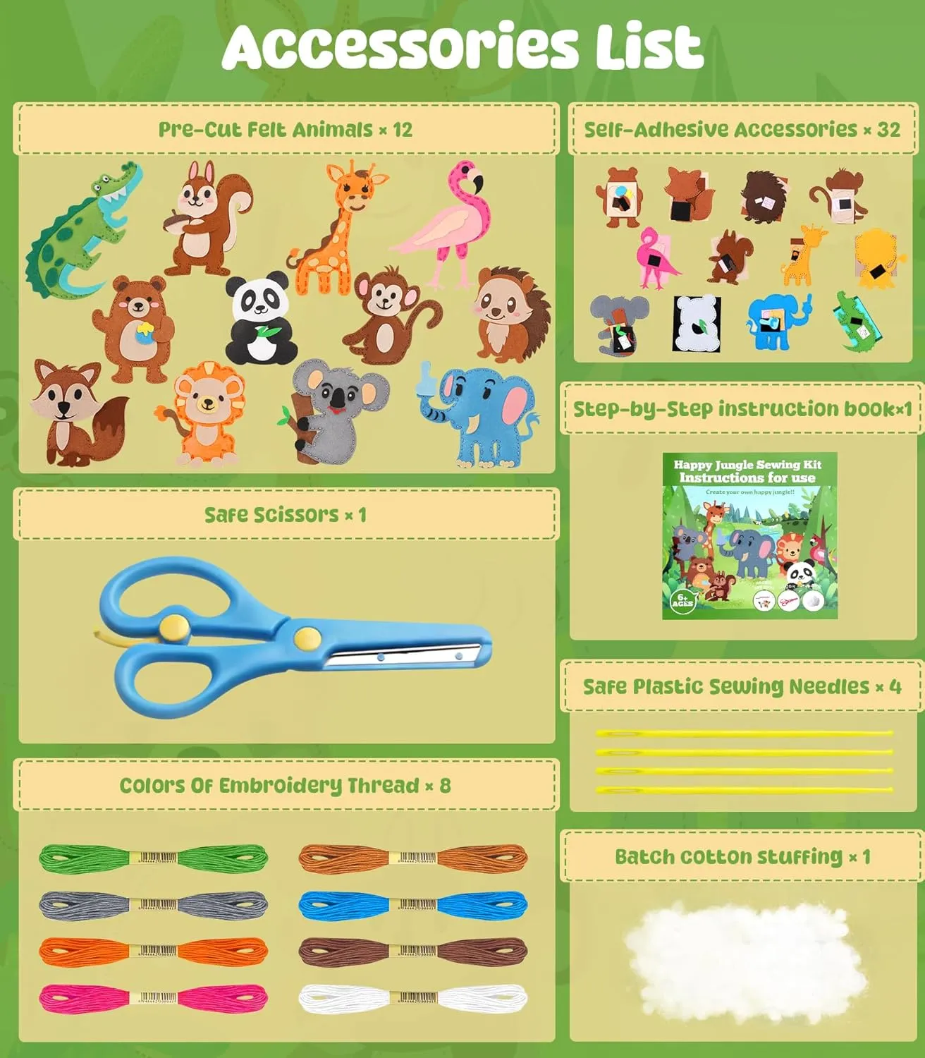 YEETIN Sewing Kit for Kids Ages 6 , Beginner Felt Sewing Craft Kit, DIY Jungle Stuffed Animals Making Set, Learn to Sew Gifts for Birthday