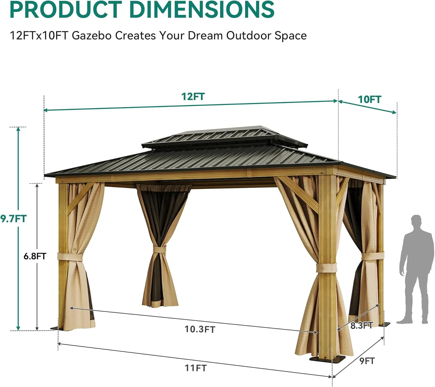 YITAHOME 10x12ft Gazebo Hardtop with Nettings and Curtains, Wood Grain Heavy Duty Double Roof Galvanized Steel Outdoor Combined of Vertical Stripes Roof for Patio, Backyard, Deck, Lawns, Brown