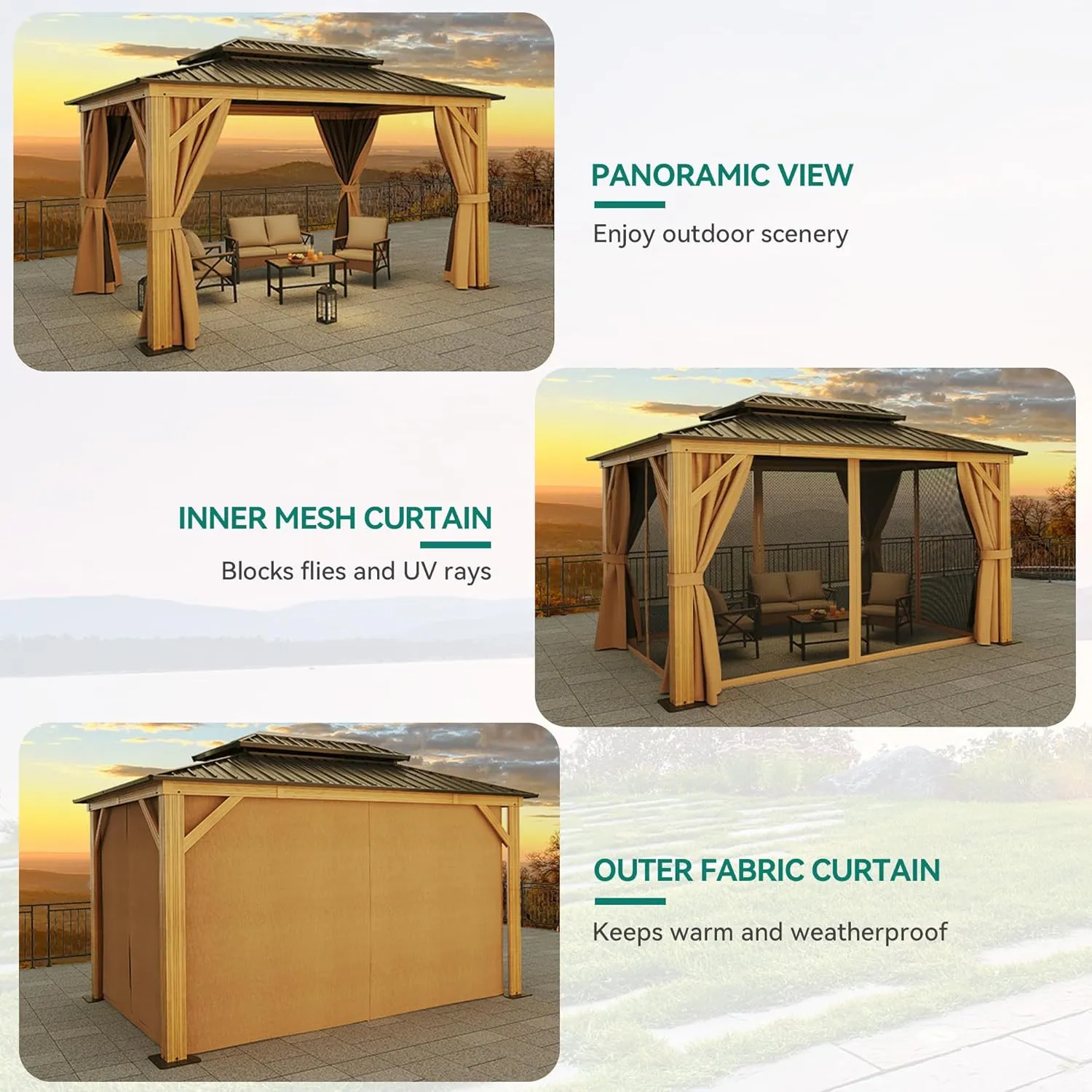 YITAHOME 10x12ft Gazebo Hardtop with Nettings and Curtains, Wood Grain Heavy Duty Double Roof Galvanized Steel Outdoor Combined of Vertical Stripes Roof for Patio, Backyard, Deck, Lawns, Brown