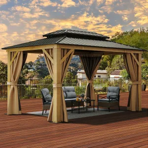YITAHOME 10x12ft Gazebo Hardtop with Nettings and Curtains, Wood Grain Heavy Duty Double Roof Galvanized Steel Outdoor Combined of Vertical Stripes Roof for Patio, Backyard, Deck, Lawns, Brown