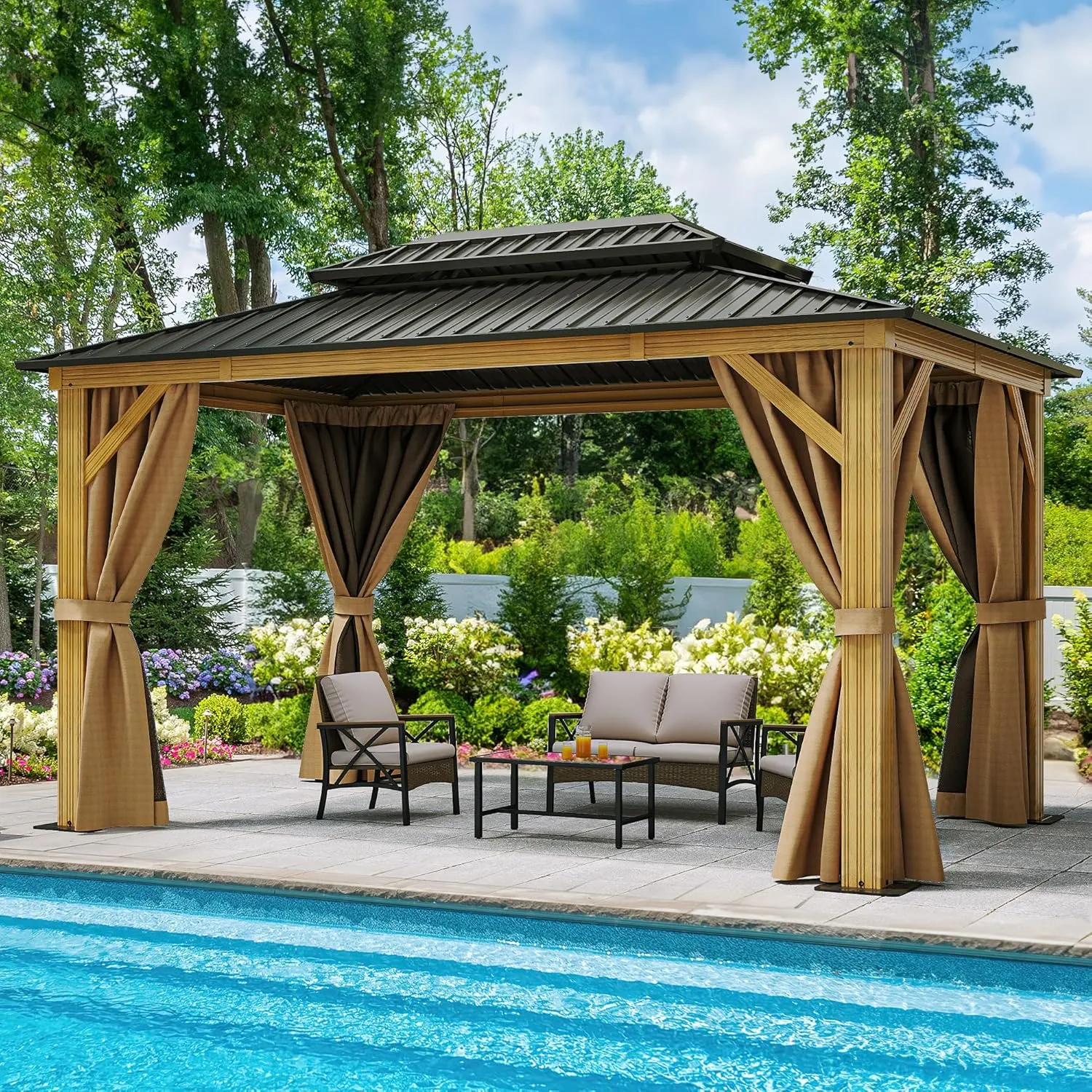 YITAHOME 10x12ft Gazebo Hardtop with Nettings and Curtains, Wood Grain Heavy Duty Double Roof Galvanized Steel Outdoor Combined of Vertical Stripes Roof for Patio, Backyard, Deck, Lawns, Brown