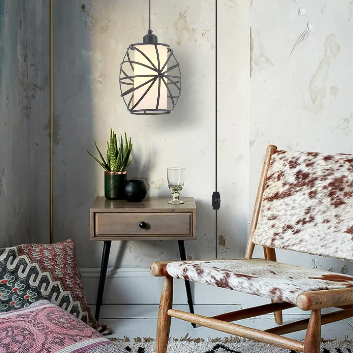 YLONG-ZS Hanging Lights with Plug in Cord，Glass Pendant Lighting Plug in,Blake Dimmerable Hanging Lamp， Swag Lamp for Kitchen Island,Bedroom,Living Room,Dining Room