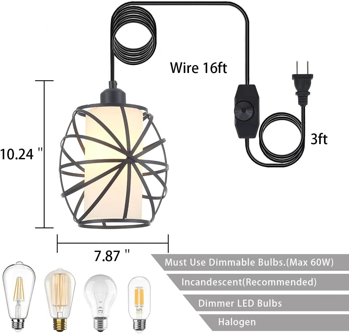 YLONG-ZS Hanging Lights with Plug in Cord，Glass Pendant Lighting Plug in,Blake Dimmerable Hanging Lamp， Swag Lamp for Kitchen Island,Bedroom,Living Room,Dining Room
