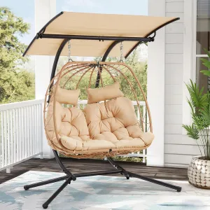 YOLENY Oversized Double Egg Chair with Adjustable Canopy, Patio Hanging Swing Chair, Hammock Chair with Cushion Basket Hammock Nest Chair