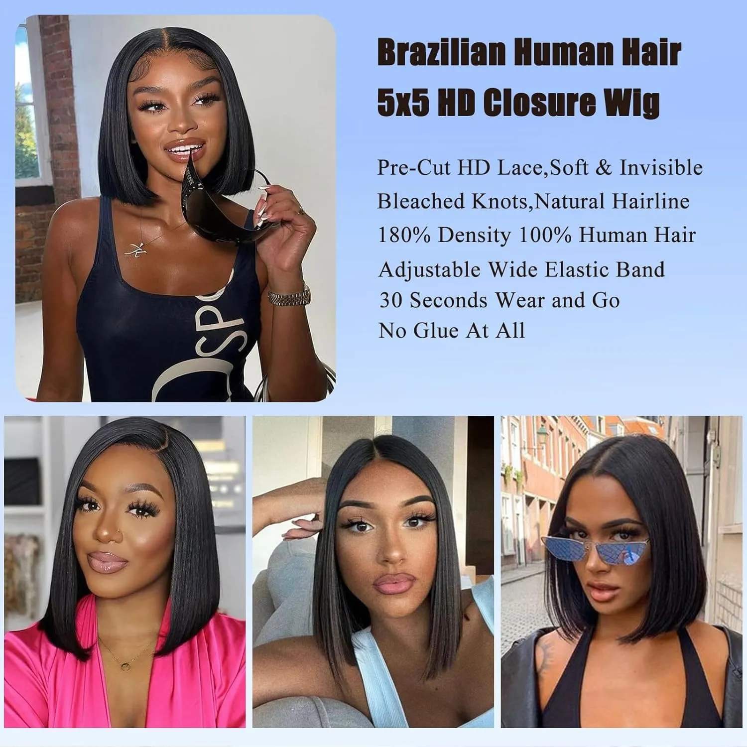 yosly Short Stright Bob Wig Human Hair Glueless Wigs Human Hair Pre Plucked Pre Cut 5x5 HD Lace Closure Wigs Human Hair Middle Part Glueless Wigs Human Hair For Black Women Natural Color 12inch