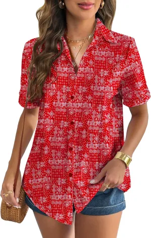 Zeagoo Women Linen Button Down Shirt Rolled Cuffed Short Sleeve Blouse Ladies Summer Casual V Neck Beach Cotton Tops