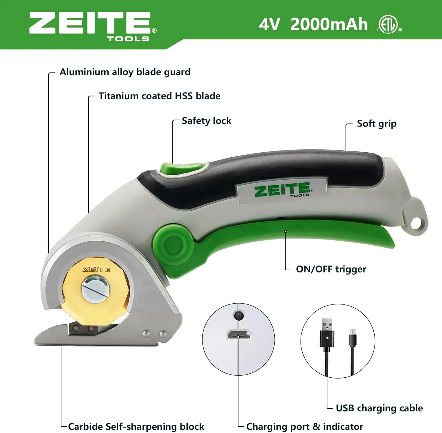 ZEITE 4V Cordless Scissors,Electric Cardboard Box Cutter with Titanium Coated HSS Blades,Rotary Cutter with Safety Lock for Leather Carpet Fabric Cutting,Sewing,Crafting,Storage Case
