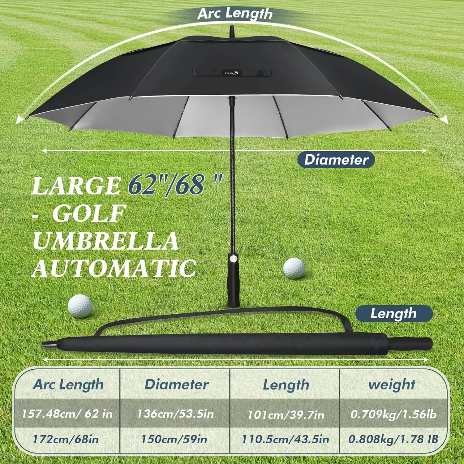 ZOMAKE 62/68" Windproof Golf Umbrella UV Protection, Automatic Oversize Golf Umbrellas Double Canopy Vented Sun Blocking Push Cart for Rain Sun