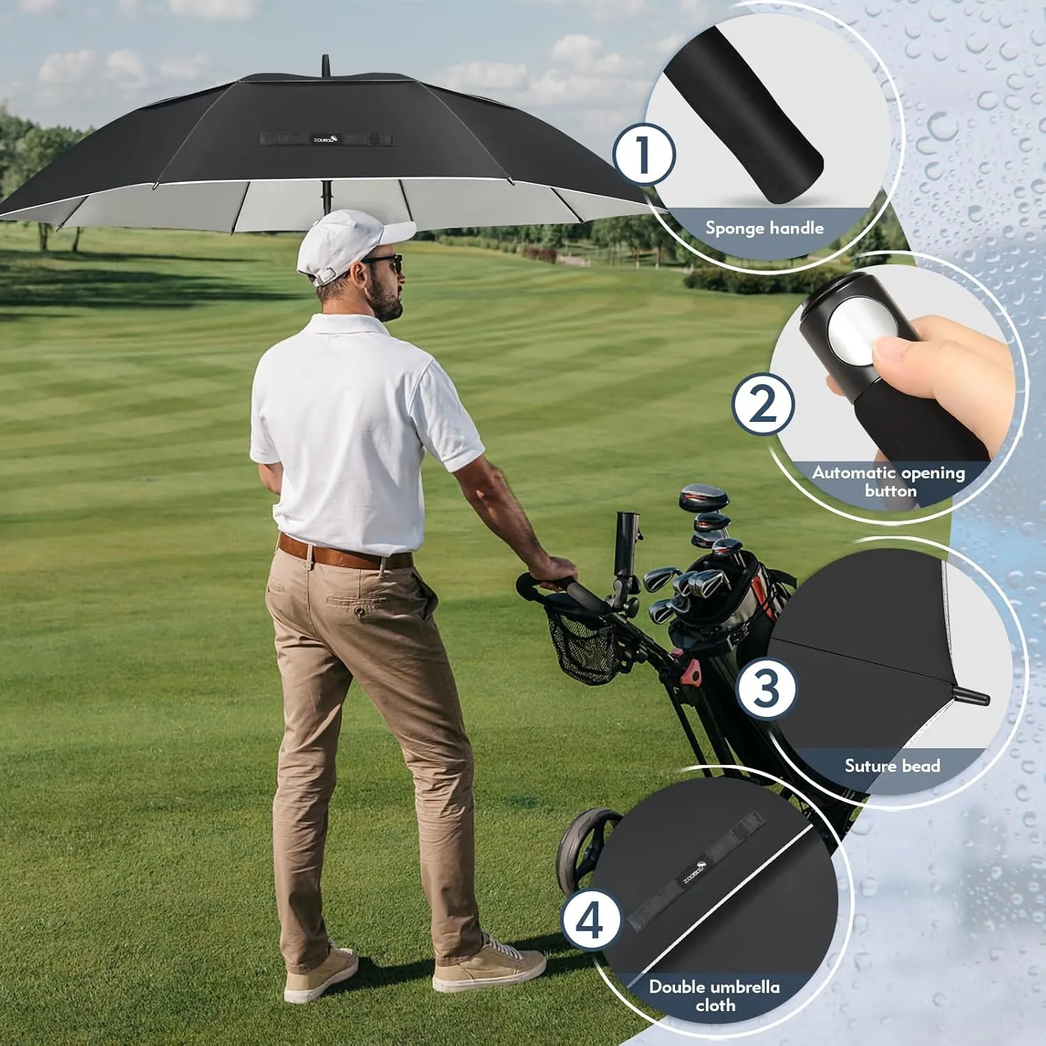 ZOMAKE 62/68" Windproof Golf Umbrella UV Protection, Automatic Oversize Golf Umbrellas Double Canopy Vented Sun Blocking Push Cart for Rain Sun